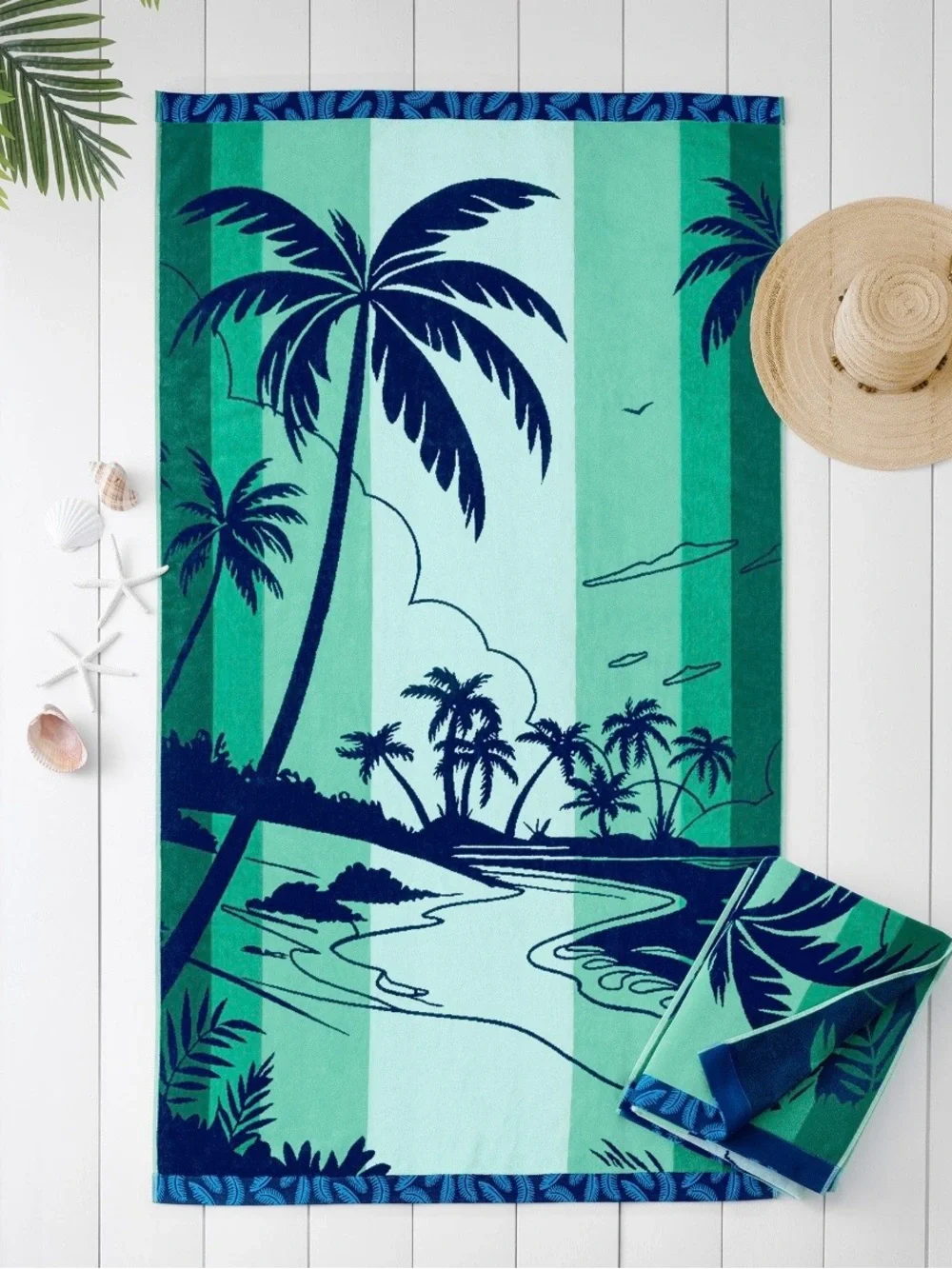 Tropical Palm Beach Reversible Bath Towel - Blue Green 40 x 72.